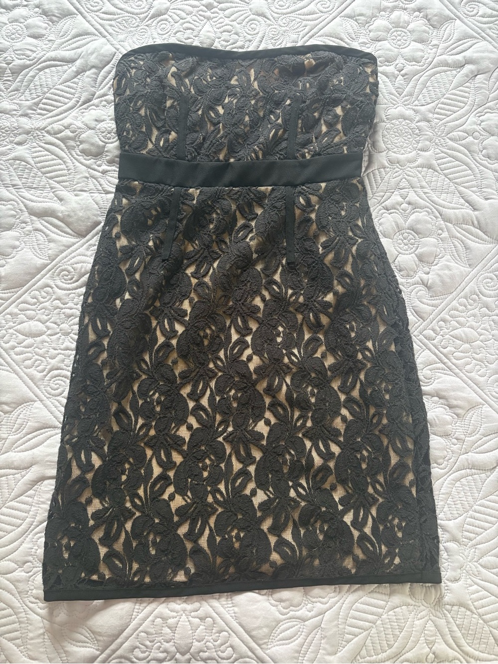 LOFT Black Lace Strapless Cocktail Dress with Nude Lining
